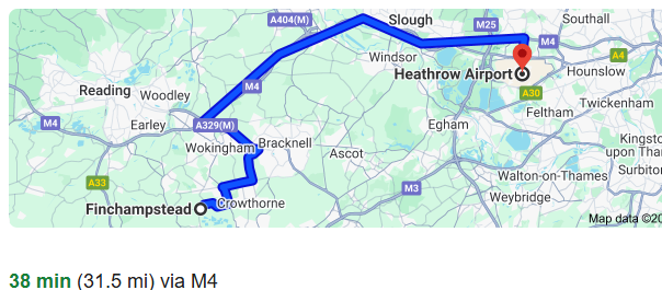 Distance and Duration from Finchampstead to Heathrow